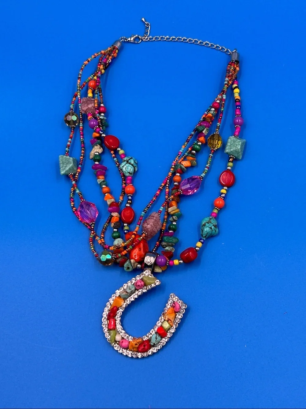 Multicolor Beaded Horseshoe Pendant Necklace - Women's Jewelry